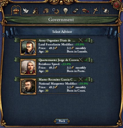 Ecco i nostri 3 "Advisors".Il + 1 indica il bonus di punteggio mentre in descrizione è illustrato il bonus nel rispettivo settore di appartenenza e il costo di mantenimento. 